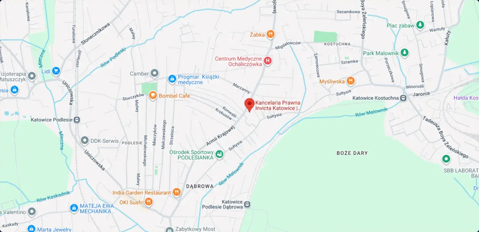 Mapa dojazdu do Kancelarii Invicta — Armii Krajowej 391, Katowice